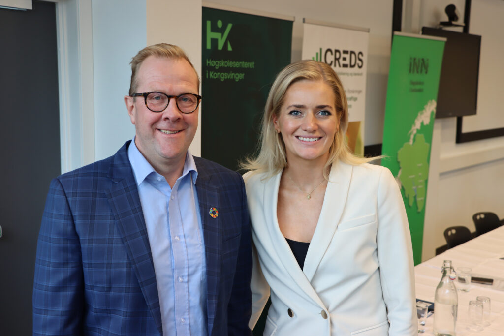 Vegard Herlyng og statsråd Emilie Enger Mehl, portrettfoto ved siden av hverandre
